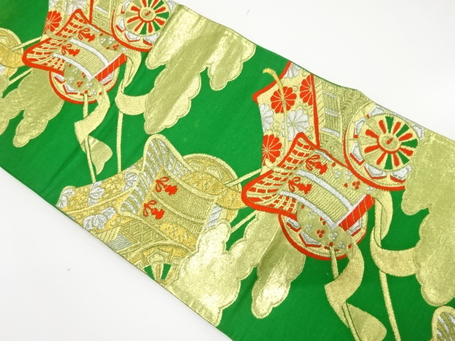 JAPANESE KIMONO / ANTIQUE FUKURO OBI / SILK / WOVEN CARRIAGE & CLOUD